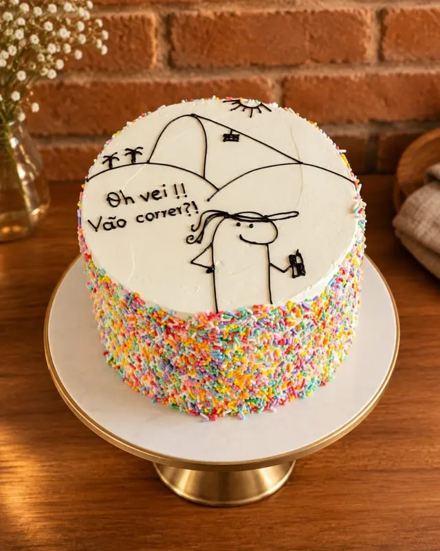 Bolo branco com confeites coloridos na base e desenho escrito à mão no topo