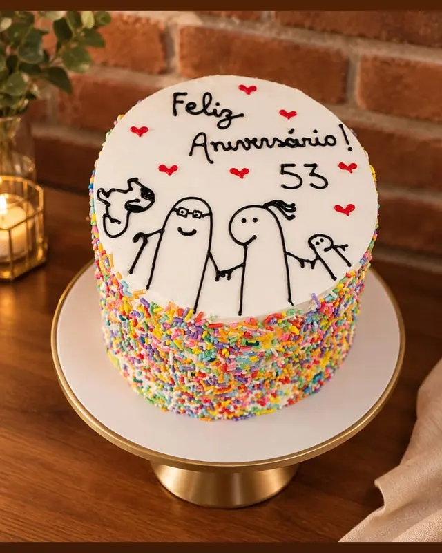 Bolo de confeites coloridos com Feliz Aniversário e o número 53 escritos à mão