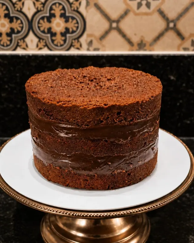 Bolo de chocolate alto, sem cobertura nas laterais, em boleira branca