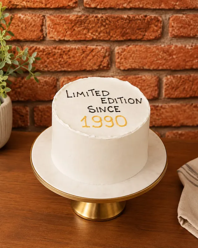 Bolo branco liso com a frase Limited Edition Since 1990 escrita à mão