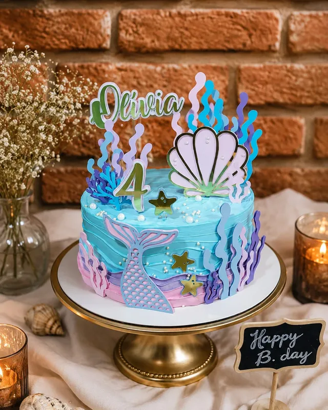 Bolo tema sereia em azul e lilás, com topo de concha e o nome Olivia