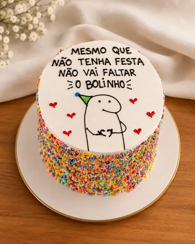 Bolo de confeites com a frase Mesmo que não tenha festa não vai faltar bolinho